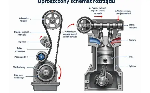 Schemat silnika z rozrządem DOHC. Pasek napędza wałek rozrządu, który steruje zaworami. Wał korbowy napędza pasek.