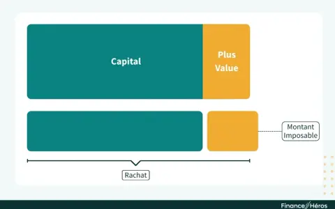 Schéma illustrant le calcul du montant imposable lors d'un rachat d'assurance vie : capital et plus-value.