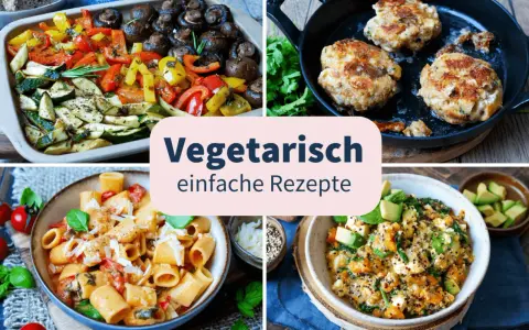 Vier Bilder mit leckeren, schnelle vegetarische gerichte: Ofengemüse, Bratlinge, Pasta und Quinoa-Bowl.