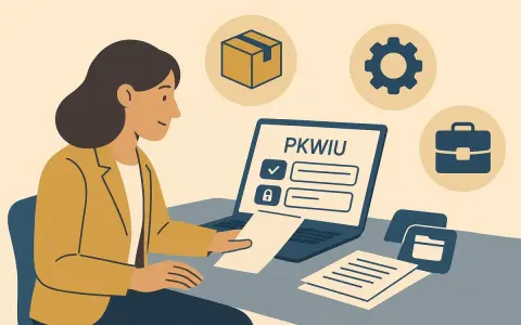 Kobieta pracuje przy laptopie z napisem PKWIU. Ikony pudełka, biegu i teczki sugerują klasyfikację produktów i usług.