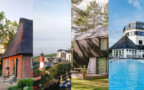 Entdecken Sie besondere Hotels Norddeutschland: Reetdachhaus, Leuchtturm, moderne Architektur und Pool.