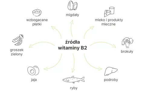 Wzbogacane płatki, migdały, mleko, brokuły, podroby, ryby, jaja i groszek zielony to źródła witaminy B2.