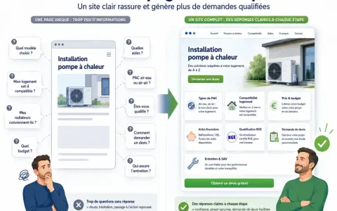 Un homme perplexe face à une page web sur l'installation de pompe à chaleur. Le site "prime cee climatisation" propose des réponses claires pour un projet réussi.