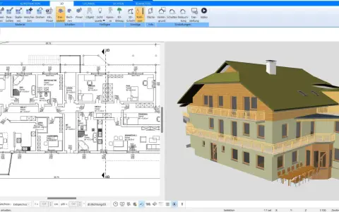Grundriss 1:50 eines Mehrfamilienhauses mit detaillierter Raumaufteilung und 3D-Ansicht des Gebäudes.