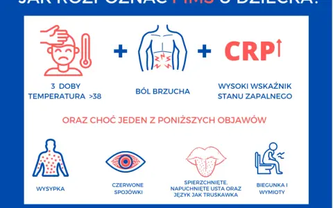 Jak rozpoznać PIMS u dziecka? Objawy: gorączka >38 przez 3 doby, ból brzucha, wysokie CRP, wysypka, czerwone spojówki, spierzchnięte usta, biegunka/wymioty.
