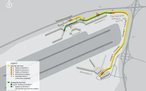 Schemat lotniska Frankfurt nad Menem z zaznaczonymi nowymi i istniejącymi trasami Sky Line train łączącymi terminale 1, 2 i 3.