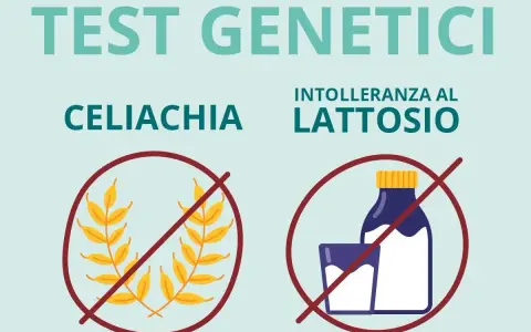 Test genetici per celiachia e intolleranza al lattosio: spighe di grano e bottiglia di latte con divieto.