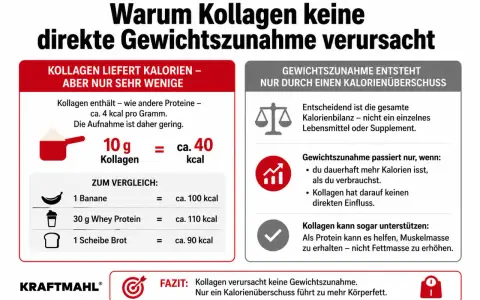Kollagen liefert nur wenige Kalorien (10g ca. 40kcal). Gewichtszunahme durch Kollagen ist unwahrscheinlich, da nur ein Kalorienüberschuss zu mehr Körperfett führt.