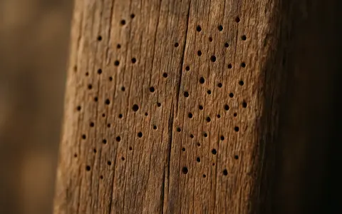 Gros plan sur un vieux bois marqué par un trou dans le bois, témoignant d'un traitement contre les insectes.