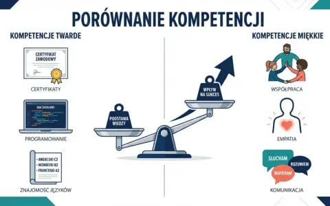 Porównanie kompetencji: twarde (certyfikaty, programowanie, języki) i miękkie (współpraca, empatia, komunikacja) wpływają na sukces.