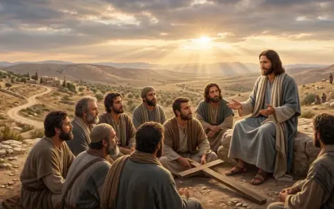 Jesus lehrt seine Jünger, die Landschaft von Psalm 26 im Hintergrund.