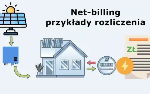 Ilustracja przedstawia schemat działania fotowoltaiki w systemie net-billing. Widać panele słoneczne, falownik, dom, licznik energii i rachunek.
