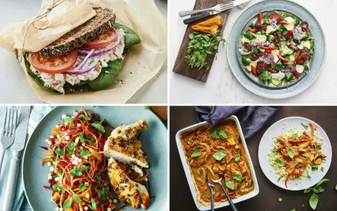 Fyra maträtter: smörgås, sallad, kyckling med grönsaker och gryta. Bra för att få ditt protein per kilo kroppsvikt.