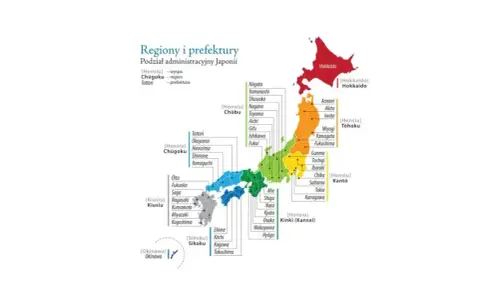 Kolorowa mapa Japonii z podziałem na regiony i prefektury. Widoczne wyspy Honsiu, Hokkaido, Kiusiu, Sikoku i Okinawa.