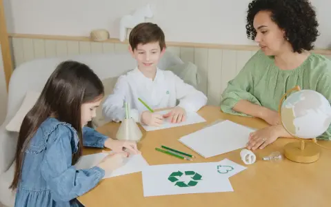 Dzieci i nauczycielka tworzą scenariusz zajęć "z ekologią na ty". Na stole symbol recyklingu, żarówki i globus.
