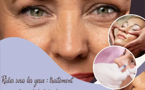 Traitement des rides sous les yeux : gros plan sur un visage, avec des images de soins esthétiques.