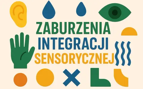 Grafika przedstawia symbole zmysłów i napis "ZABURZENIA INTEGRACJI SENSORYCZNEJ". Objawy mogą być różne.