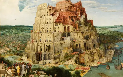 La tour de Babel aujourd'hui : une immense structure en construction, grouillant d'ouvriers et de navires, dominée par une ville et un paysage verdoyant.
