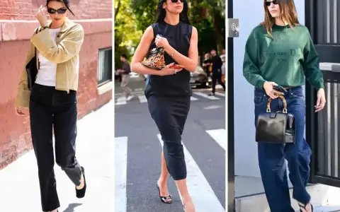 Trzy kobiety prezentują styl casualowy: jedna w beżowej kurtce i czarnych jeansach, druga w czarnej sukience, trzecia w zielonej bluzie i szerokich jeansach.