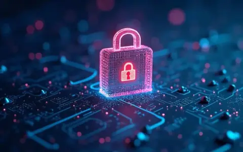 Neonowy symbol kłódki na tle obwodów drukowanych. Idealny na materiały promujące kurs jasmy o bezpieczeństwie cyfrowym.