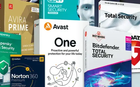 Pudełka programów antywirusowych: Avira Prime, Kaspersky Total Security, Avast One, Bitdefender Total Security, Norton 360 Premium.