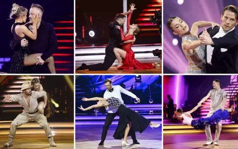 Pary tańczące w rytm piosenek do tańca. Widać ich w różnych stylizacjach i układach choreograficznych na scenie.