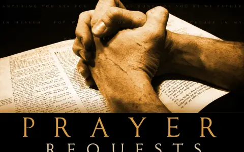 Hands clasped in prayer over an open Bible, with "PRAYER REQUESTS" displayed below.