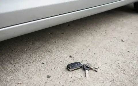 Zgubione kluczyki od samochodu leżą na betonie. Brak zapasowych, co oznacza kłopoty.