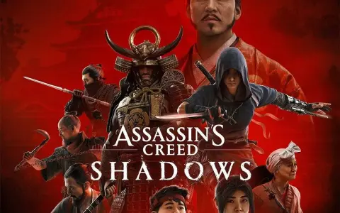 El arte promocional de **Assassin's Creed Shadows** muestra un grupo de samuráis y ninjas en un fondo rojo intenso, listos para la acción.