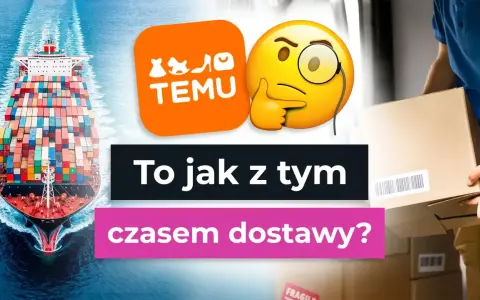 Temu logo, statek towarowy i kurier z paczką. Jak długo trwa wysyłka z Temu?