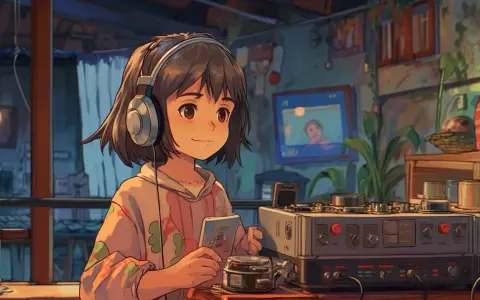 Une jeune fille avec des écouteurs profite d'une ambiance lo fi, tenant un livre et regardant un écran.