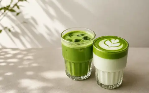 Dwa orzeźwiające napoje matcha w szklankach. Jeden z lodem, drugi z pianką i wzorem. Idealne, by dowiedzieć się, jak zrobic matche.