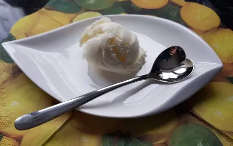 Cremiges Batida de Coco Eis auf einem Blatt-Teller, bereit zum Genießen.