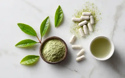 Feuilles vertes, poudre verte dans un bol, pilules blanches et une tasse de liquide vert, évoquant la théanine.