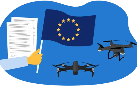 EU-Flagge, Dokumente und zwei Drohnen. Die EU-Drohnenverordnung erfordert eine Erlaubnis.