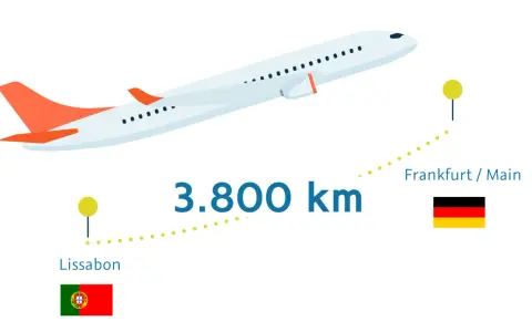 Flugzeug von Lissabon nach Frankfurt (3.800 km). Eine Tonne CO2 ist viel, wie dieser Flug zeigt.