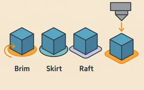 Ilustracja porównuje Brim, Skirt i Raft – elementy pomocnicze w druku 3D. Raft tworzy szeroką, płaską podstawę pod model.