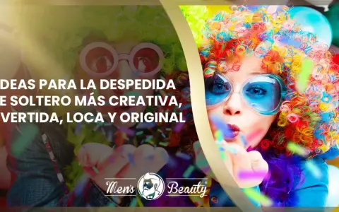 Dos personas con pelucas coloridas y gafas divertidas celebran, lanzando confeti. ¡Ideas para una despedida de soltero inolvidable!