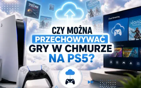 Konsola PS5, kontroler i ekran z grami w chmurze. Czy gry na PS4 działają na PS5? Sprawdź, jak przechowywać gry w chmurze na PS5.