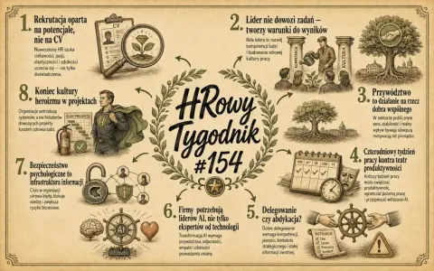 Grafika z HR-owym tygodnikiem #154. Lista tematów: rekrutacja na potencjał, lider tworzy warunki, przywództwo dla dobra wspólnego, 4-dniowy tydzień pracy, delegowanie, liderzy AI, bezpieczeństwo psychologiczne, koniec kultury heroizmu.