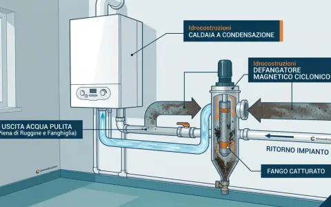 Il defangatore magnetico ciclonico serve a rimuovere ruggine e fanghiglia dall'acqua della caldaia, garantendo un ritorno impianto pulito.