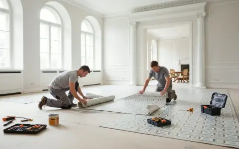 Due operai impegnati nella posa linoleum in un elegante salone con grandi finestre.
