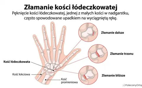 Ilustracja pokazuje złamanie kości łódeczkowatej nadgarstka, z zaznaczonymi miejscami pęknięcia: dalszym, trzonu i bliższym.