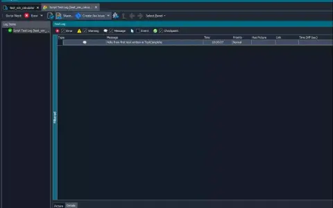 Logi testowe z widokiem "Test Log" w aplikacji, pokazujące komunikat "Hello from first test written in TestComplete" z narzędzia **browser stack**.