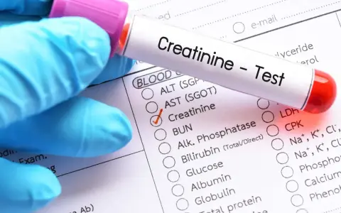 Ręka w niebieskiej rękawiczce trzyma probówkę z napisem "Creatinine - Test". Zaznaczono opcję "Creatinine" na formularzu badań.