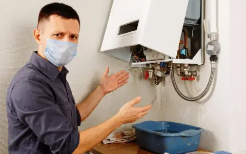 Uomo con mascherina mostra con le mani la caldaia a condensazione che perde acqua dal tubo di scarico, raccogliendola in una bacinella.