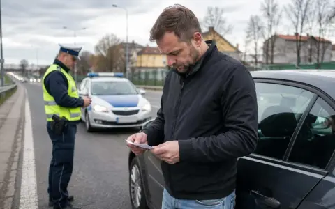 Mężczyzna czyta dokument, gdy policjant stoi obok radiowozu. Może to być związane z tym, jak odzyskać prawo jazdy zabrane na 3 miesiące.