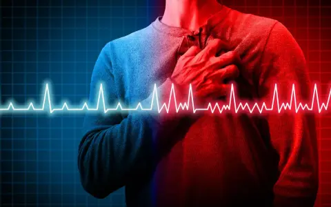 Mann mit Hand auf der Brust, EKG-Linie. Die Frage "Herzinfarkt wie lange bis zum Tod" wird visuell dargestellt.