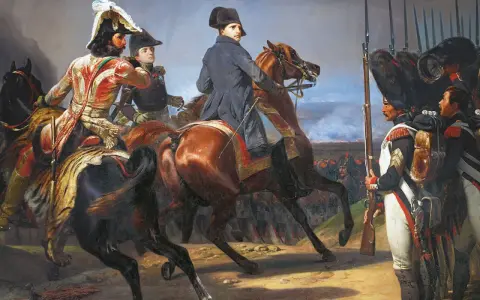 Napoleon und seine Generäle im Kampf während der Befreiungskriege. Soldaten in Uniformen stehen bereit.