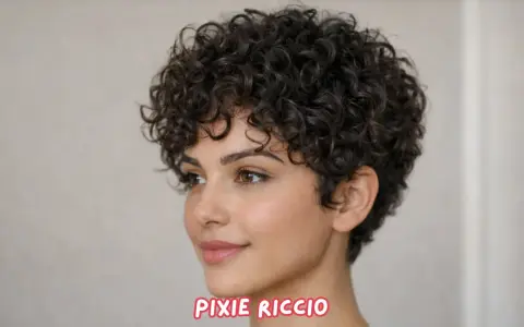Tagli capelli corti ricci sbarazzini, un pixie cut voluminoso e definito che incornicia il viso con naturalezza.